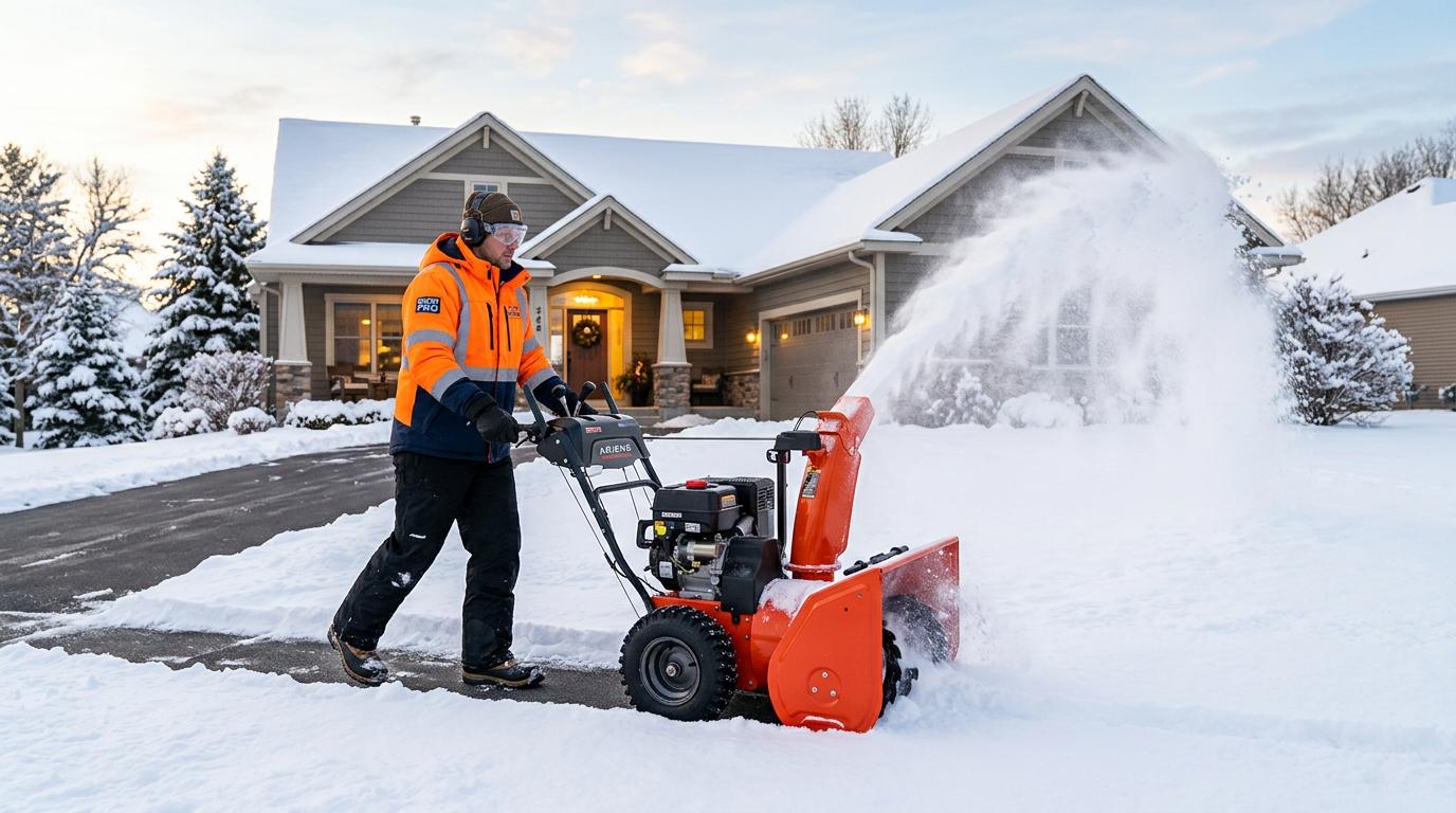 Commercial snow plowing truck clearing a parking lot during winter snowfall